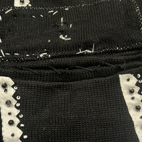 Vintage Knit Cardigan Sweater Black Beaded Vegan Leather Trim LG Satin NwoT - Picture 10 of 16